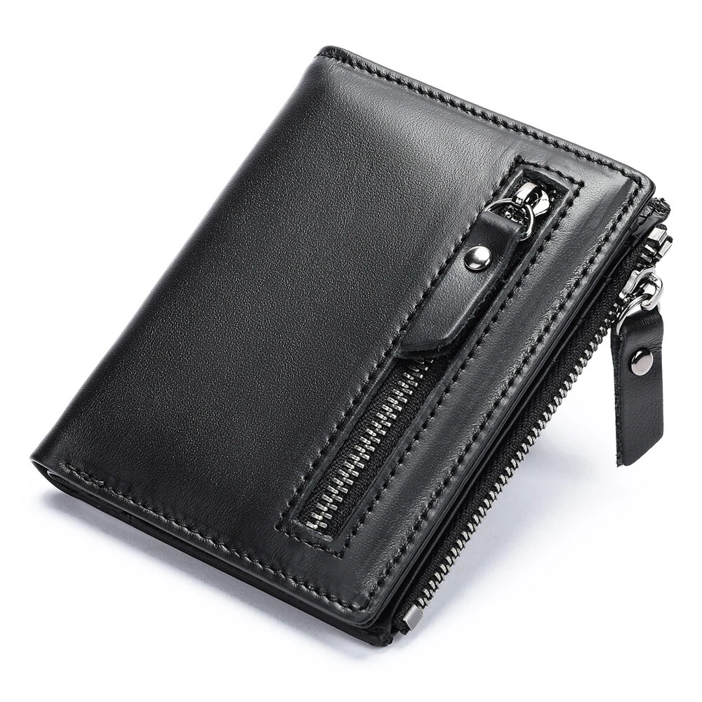 (image for) Ekphero Genuine Leather Mens Wallet Man Zipper Short Small Coin Purse Male Rfid Anti-theft Swipe Card Purse Multicard Slot ID Credit Holder